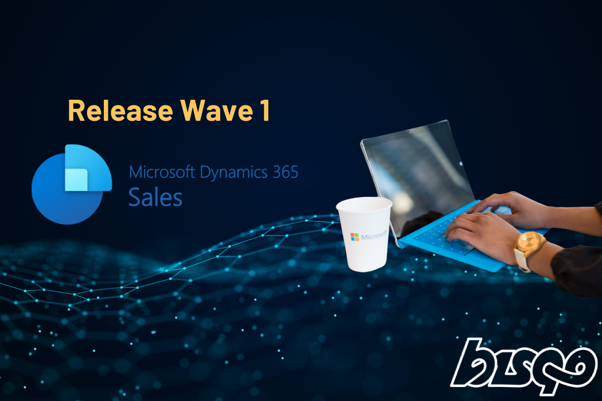 Text: Release Wave 1 Dynamics 365 Sales logo. En person som arbetar från en laptop